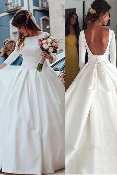3/4 Sleeve Bateau Knee-Length Ball Gown Satin Wedding Dress With Lace -  Wedding Dresses - Stacees