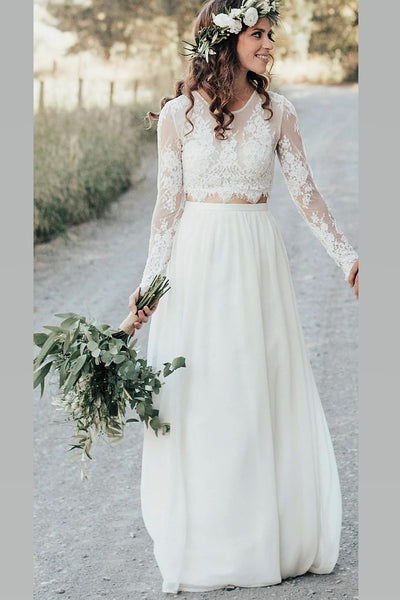 Boho Two-piece Long Sleeve Wedding Dress Lace Top Chiffon Skirt –  loveangeldress