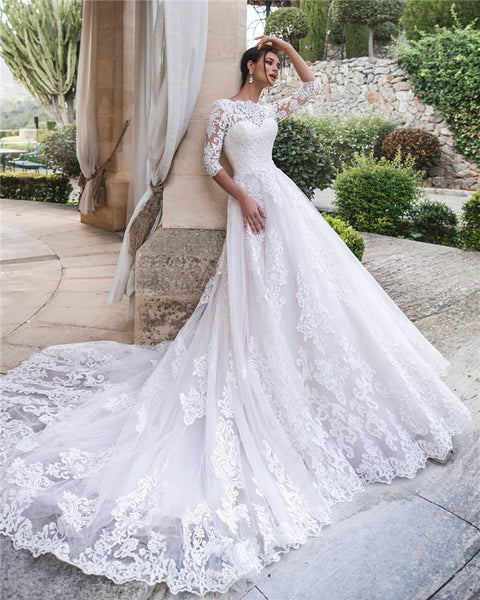 Lace Wedding Dresses Long Sleeves Cathedral Train Bridal Gowns