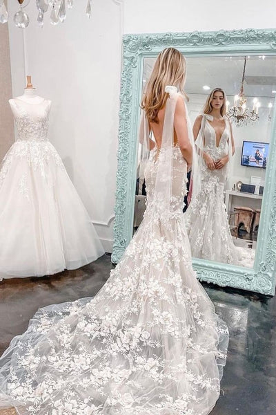Lace Floral Wedding Gown with Deep V-neckline – loveangeldress