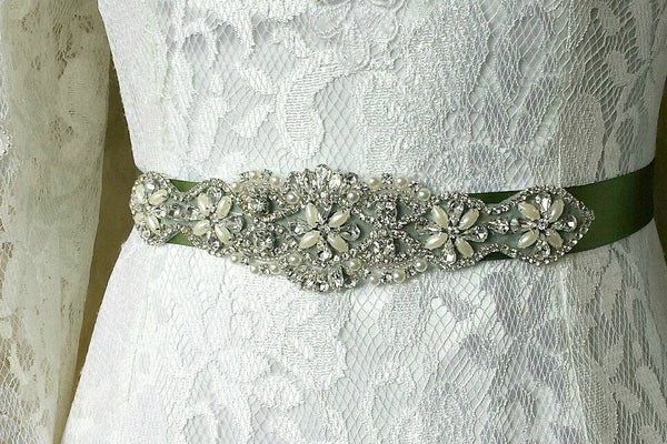 Green Beaded Sash Rhinestone Satin Ribbon Wedding Belt – loveangeldress