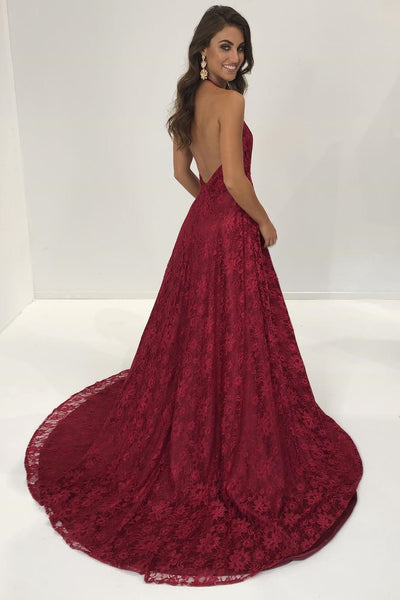 Plunging V Neck Maroon Lace Tulle A-line Prom Gown