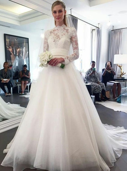 Modest Fitted A-line Lace Wedding Dress with Long Sleeves