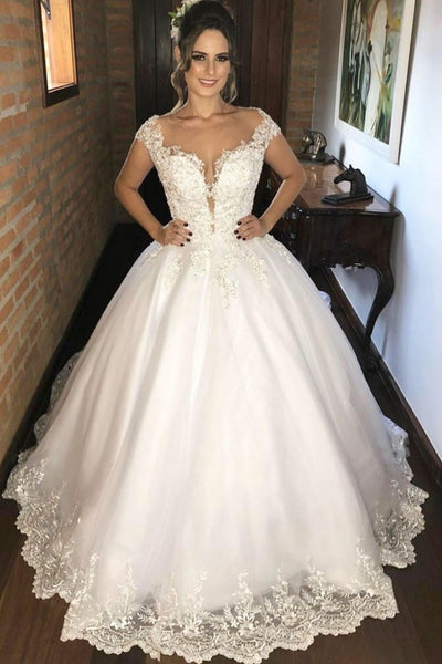 Illusion Neckline Lace Cap Sleeves Bridal Dresses with Tiered Skirt –  loveangeldress