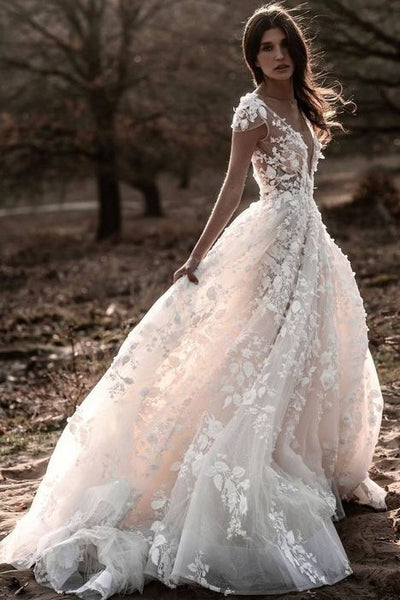 Fashion Long Sleeve Lace White Short Wedding Dress Sheer Neck