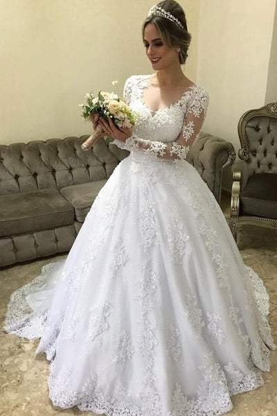 Illusion V-Neck Long Sleeve Lace Wedding Gown