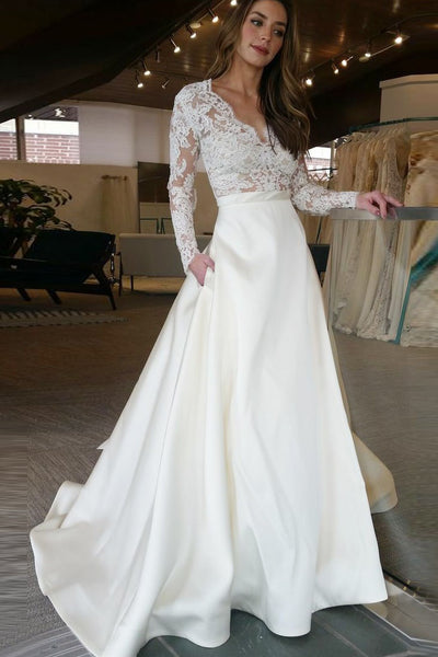 Modern Illusion Lace Long Sleeves Wedding Dresses with Satin Skirt –  loveangeldress