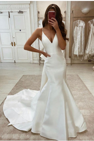 Minimalist A-line Deep V-Neck Wedding Dresses Satin Bridal Dress