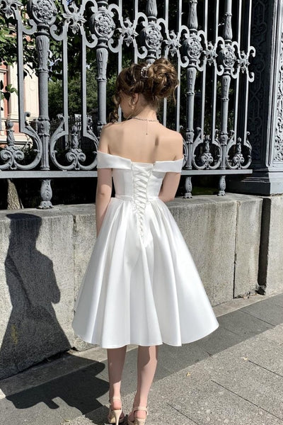 Off-the-shoulder Corset Short Satin Wedding Dresses with Bow Sash