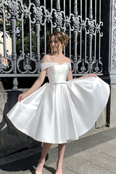 Off-the-shoulder Corset Short Satin Wedding Dresses with Bow Sash