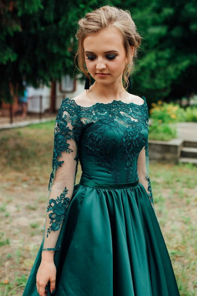 Ball Gown Off-the-Shoulder Dark Green Lace Satin Prom Dress Formal