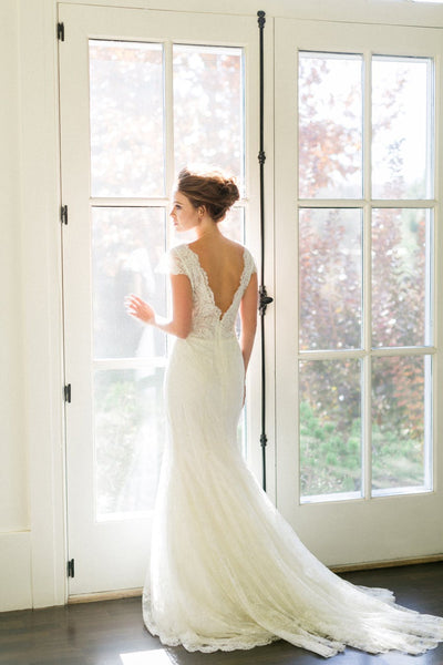Plunging Neck Lace Bridal Gown with Cap Sleeves