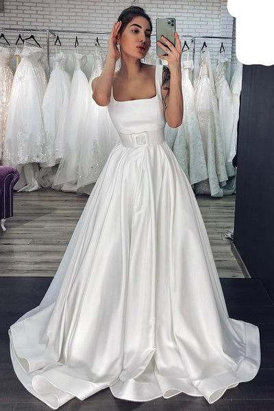 Square Neck Satin Bridal Dress with Wide Waistband