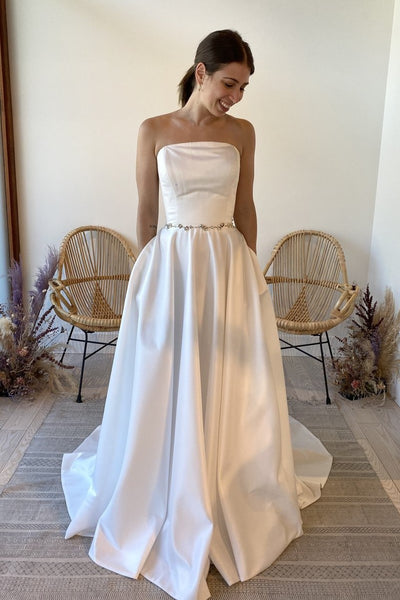A-line Satin Wedding Dress with Pockets,Strapless Simple Wedding