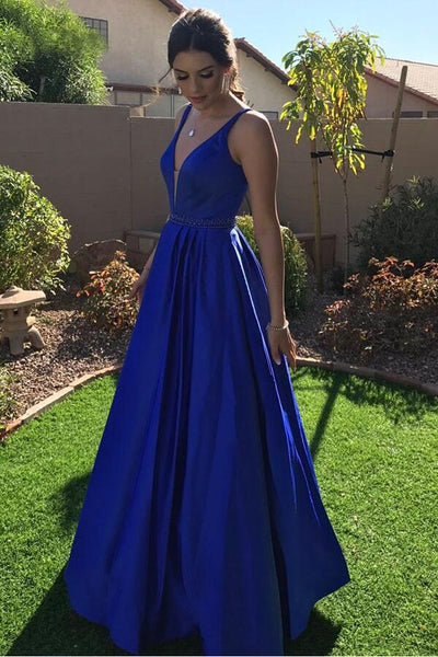 vestido de fiesta 2018 V-neck A-line Royal Blue Prom Dresses Long