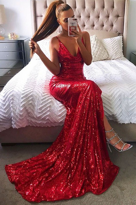 Appliques Red Mermaid Evening Dresses with Tulle Skirt