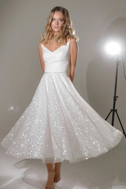 2025 Ivory Tea-Length Bridal Gown with Bling Bling Tulle Skirt