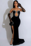 glamorous-velvet-black-pom-maxi-dress-with-rhinestone-bodice