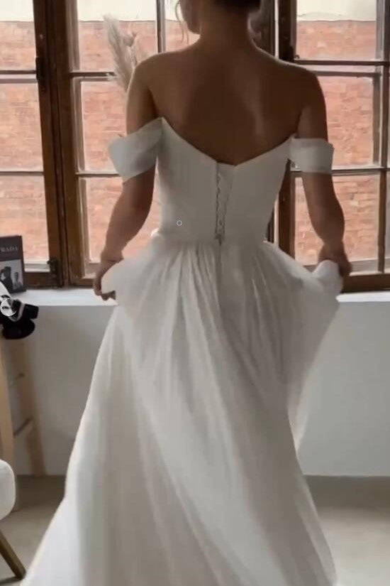 pleated-chiffon-summer-wedding-dress-with-off-the-shoulder-sleeves-1