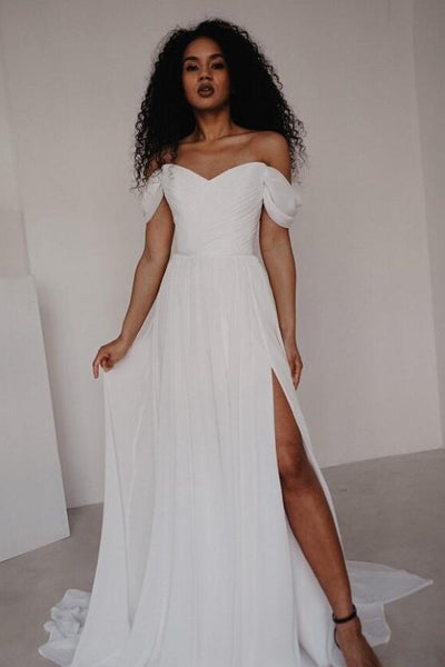 Pleated Chiffon Summer Wedding Dress with Off-the-shoulder Sleeves