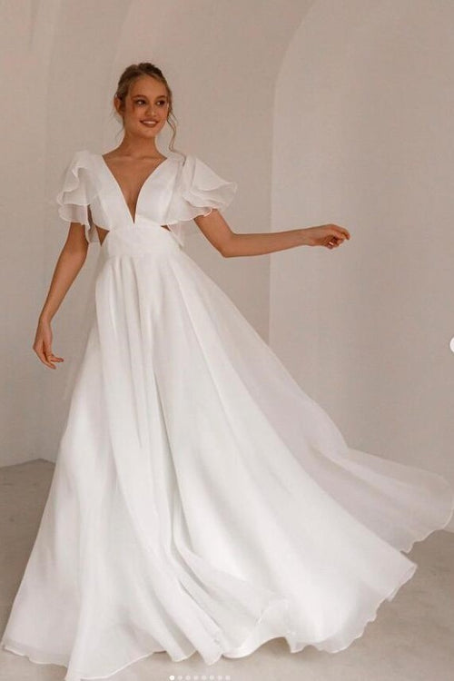 plunging-beach-wedding-dress-with-flounce-sleeves