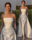 Ruched Strapless Satin Bride Dress with Split Skirt