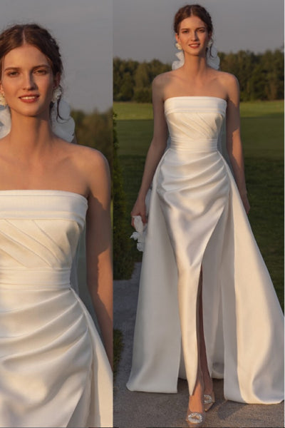 Ruched Strapless Satin Bride Dress with Split Skirt