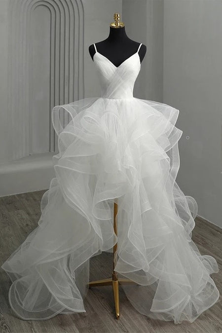 Ruffles Tulle Ivory Wedding Dress with Crystals Cap Sleeves