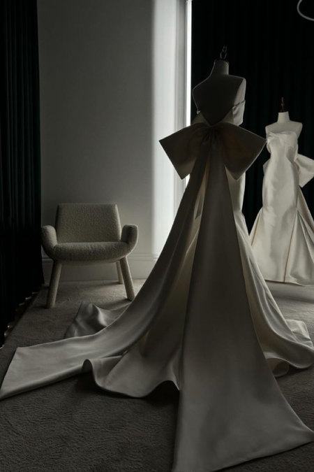 Square Neck Satin Bride Dress with Split Side