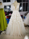 Lace Pearls Sleeveless Floral Wedding Dresses with V-neckline