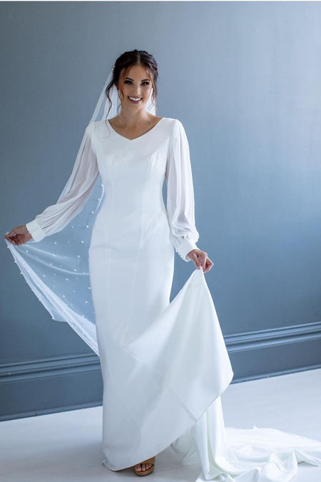 Appliqued Lace V-neckline Wedding Dresses Satin Skirt