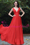 A-line Floor Length V-neck Red Chiffon Long Prom Gowns