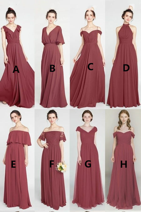 Long Light-Pink Bridesmaid Dresses with Flounced Sleeves