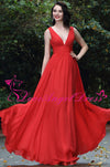 A-line Floor Length V-neck Red Chiffon Long Prom Gowns