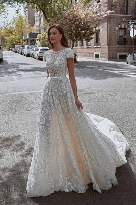 Plunging Neck Lace Bridal Gown with Cap Sleeves