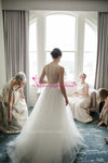 A-line Ivory Simple Bridal Gown Scoop Neck Satin Tulle with Illusion Back