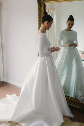 Bateau Satin Long Sleeves Wedding Dresses with Box Pleats