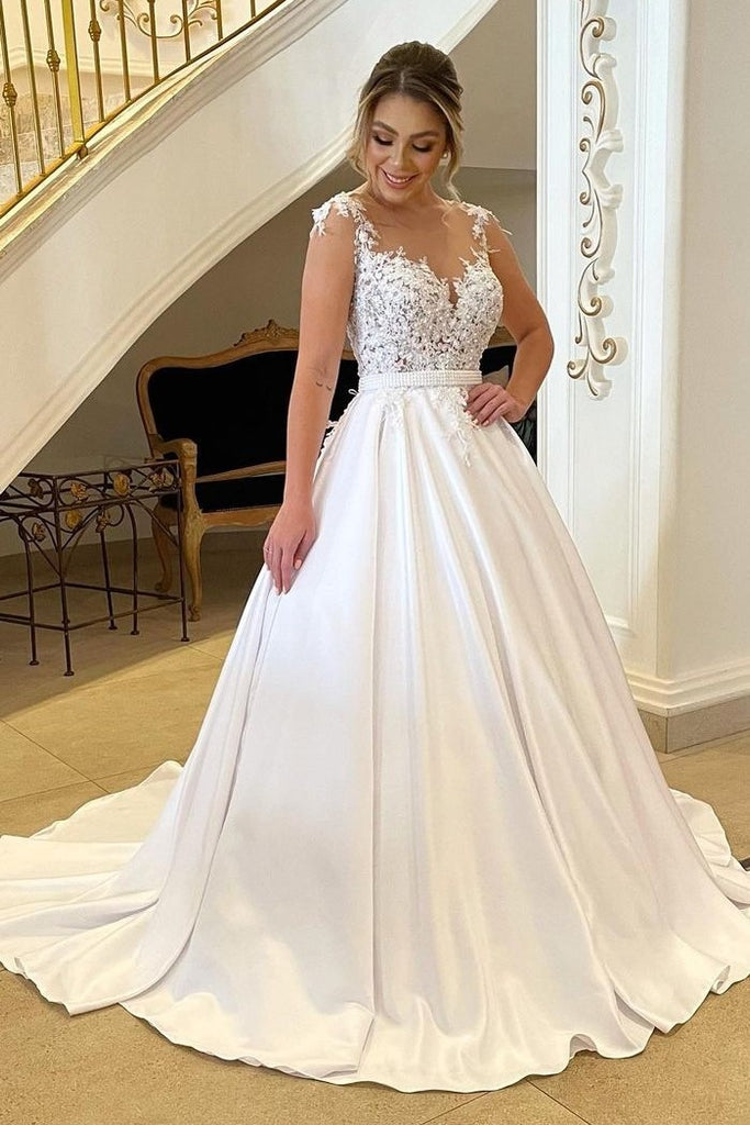 Beaded Appliques Satin Bridal Gown with Illusion Neckline