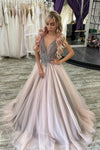 deep-v-neck-dots-tulle-prom-dress-with-beaded-sash