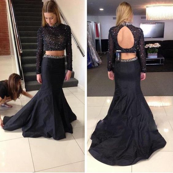 Two-piece Black Evening Dress with Beading Long Sleeves, $158.00