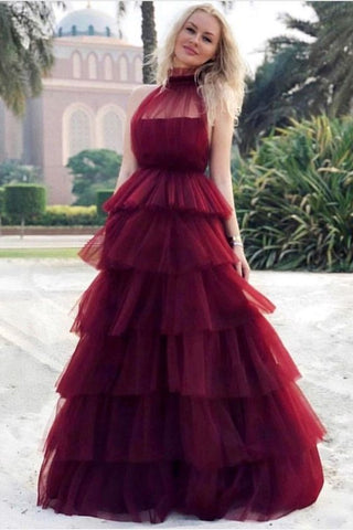 loveangeldress Purple Tiered Tulle Skirt Prom Dresses Deep V-Neckline Custom Made(Leave Note About Custom Measurements) / Burgundy