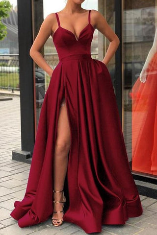 High Thigh Slit Burgundy Formal Prom Dresses with Double Straps loveangeldress