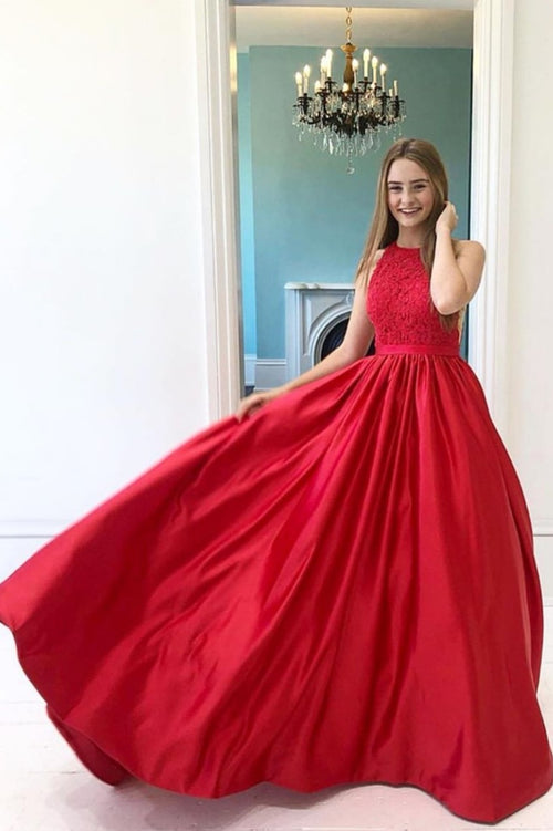 lace-sleeveless-red-prom-dresses-satin-skirt