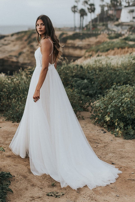 loveangeldress Transparent Plunging White Tulle Wedding Dress Beach US4 / Navy