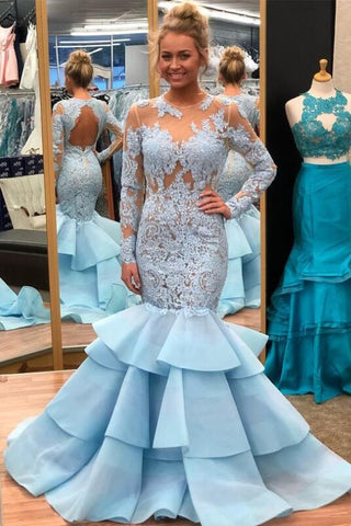 Light Blue Lace Mermaid Long Sleeves Prom Dresses with Tiered Skirt loveangeldress