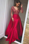 long-sleeves-plunging-v-neckline-beaded-evening-dresses-with-satin-skirt-2