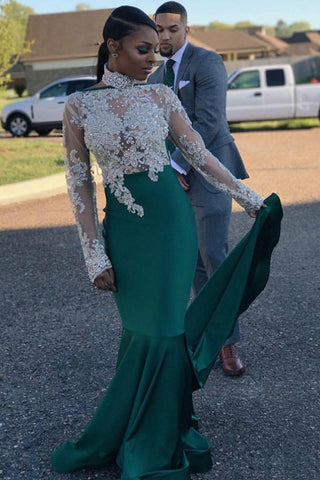 Emerald Hunter Green Lace Mermaid Long Green Prom Dress With Detachable  Train Modest Long Sleeve Formal Evening Wear From Verycute, $76.39