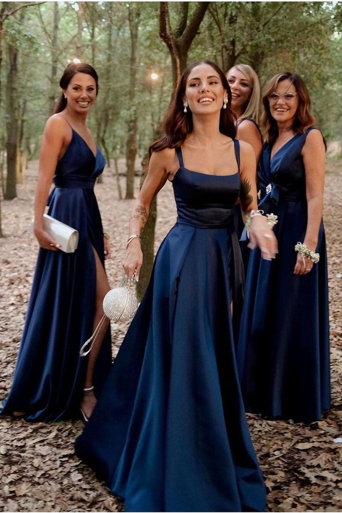 Floor Length Satin Navy Blue Bridesmaid Dresses Red Wedding Guest