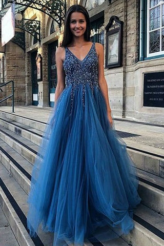 Ocean Blue Strapless Sparkle Beads Tulle Princess Prom Party Gowns