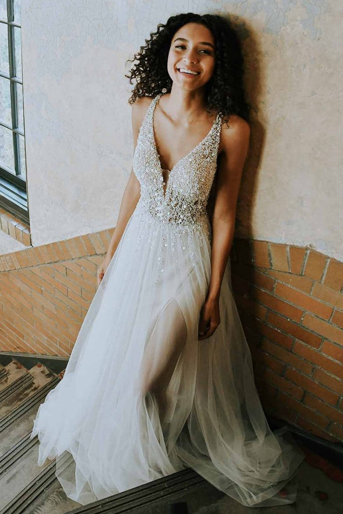 Plunging Beading Tulle Wedding Dresses with Sheer Bodice